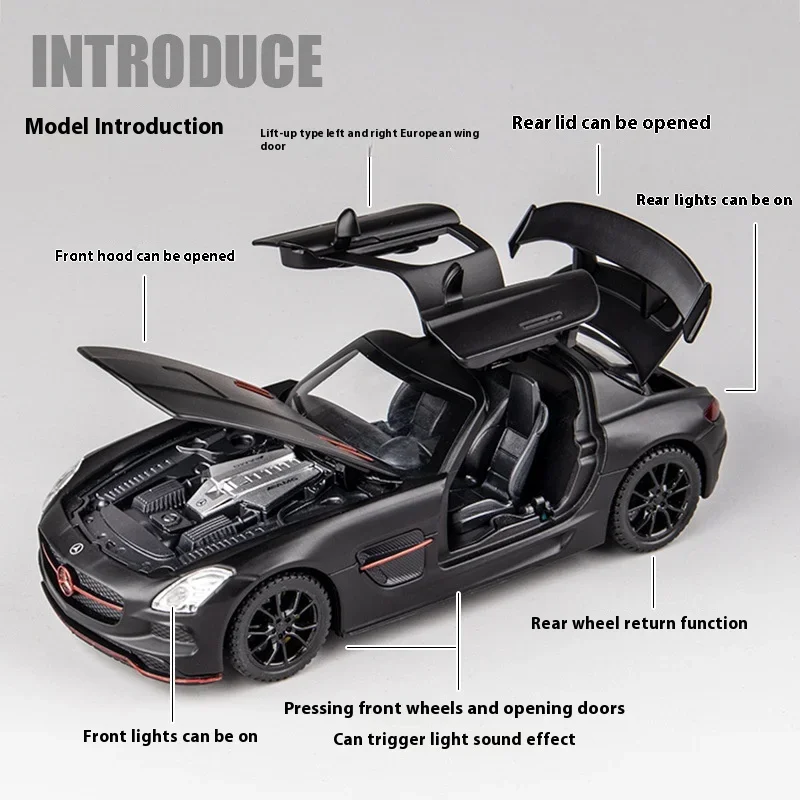 Mercedes Benz SLS AMG-coche deportivo de aleación fundido a presión, modelo de coche, sonido y luz, juguete para niños, regalo para niños, Hobby de