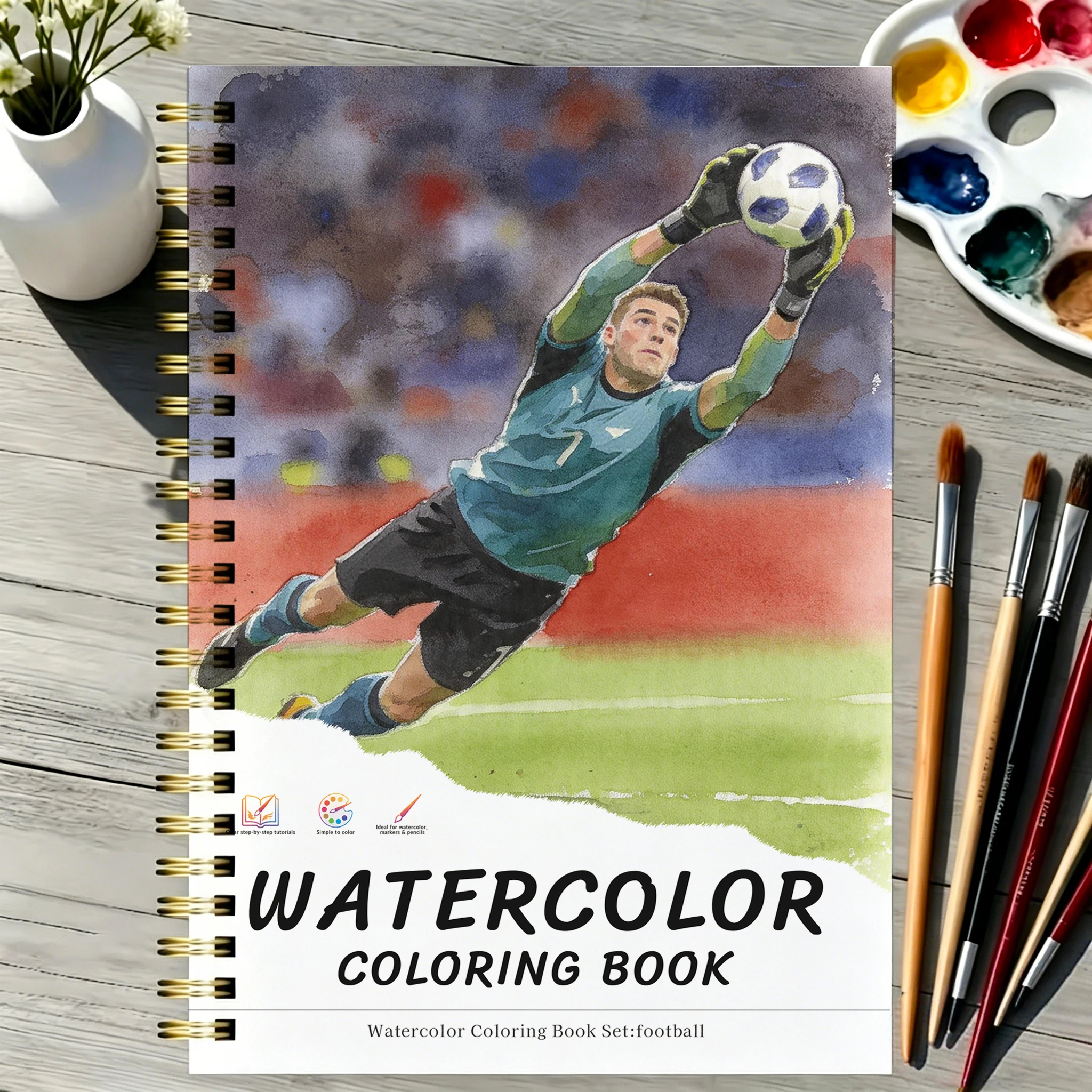 A4/A5 Fußball Aquarell-Malbuch für Anfänger, Spiralbindung, 180g Papier ohne Durchschlag, 30 Seiten, 12 Fußball-Motive, flachlie