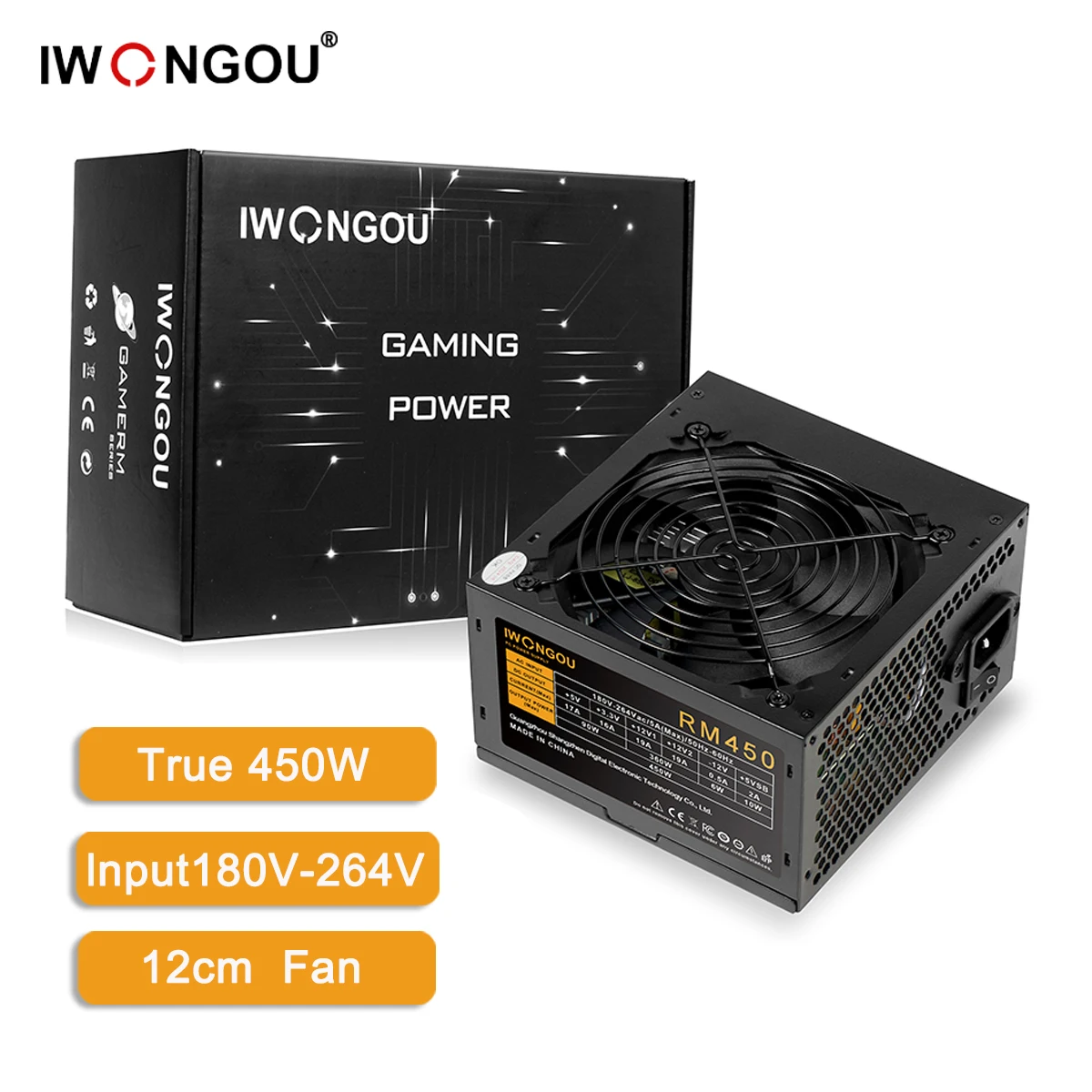 

IWONGOU RM450W PC Power Supply Unit Black Gaming Quiet 120MM 24pin 12V ATX Desktop Computer Power Supply for BTC