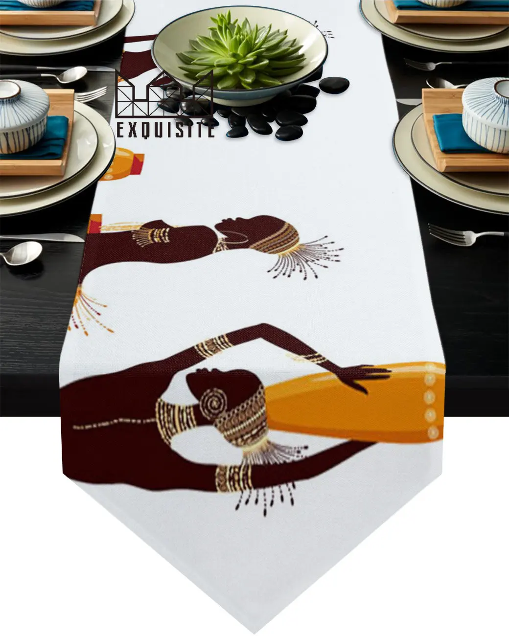 African Woman Yoga Vase Silhouette White Table Runner Tablecloth Placemat Table Mat For Home Wedding Party Decoration Supplies