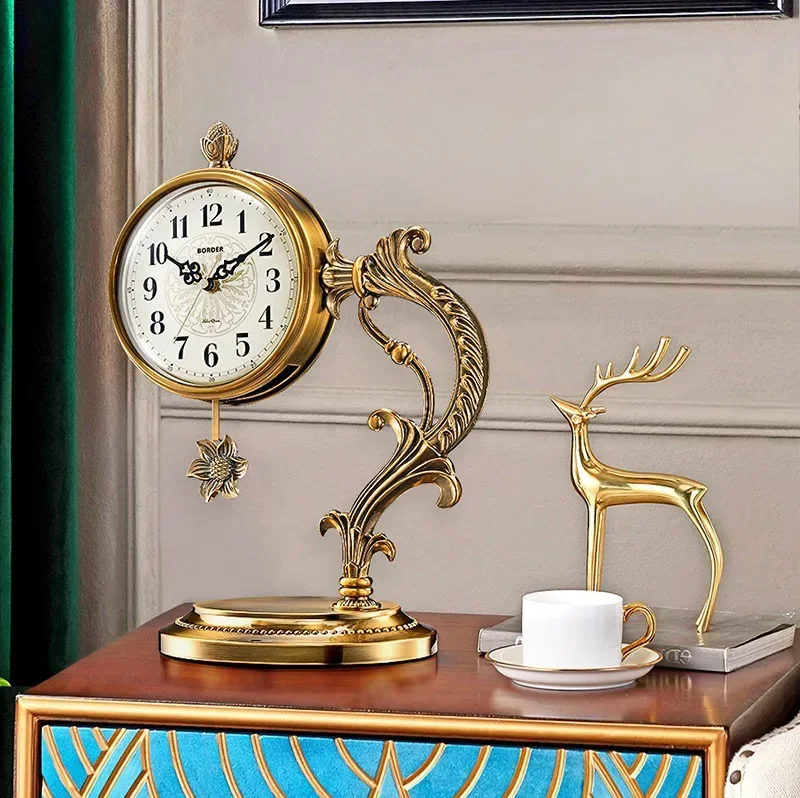 Metal Copper Plated Clock for Home and Office European Living Room Ornaments Light Luxury Desktop Decoration image 2