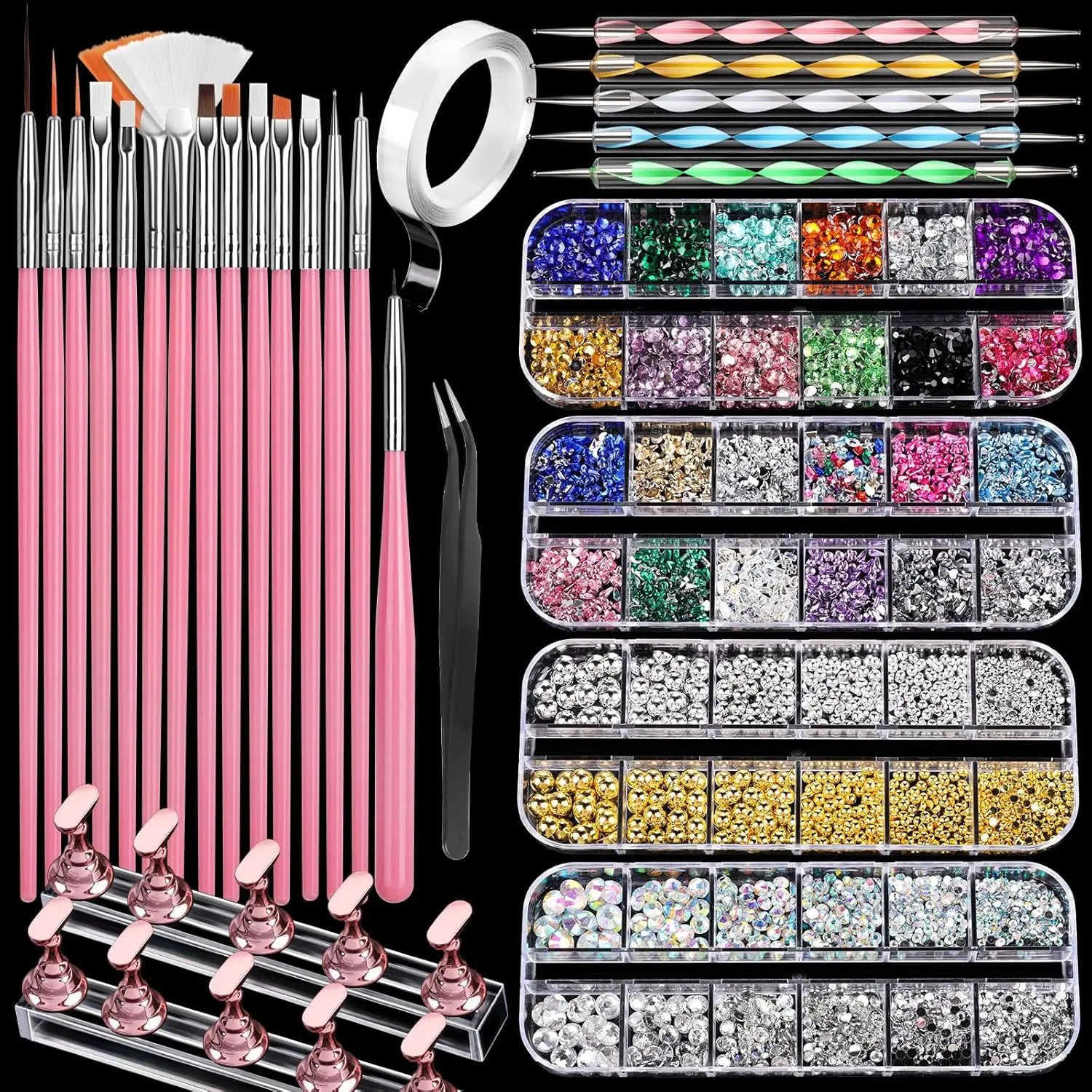 

15 PCS Nail Art Brush Set with Rhinestones, Dotting Tools, and Magnetic Stand for DIY Nail Design