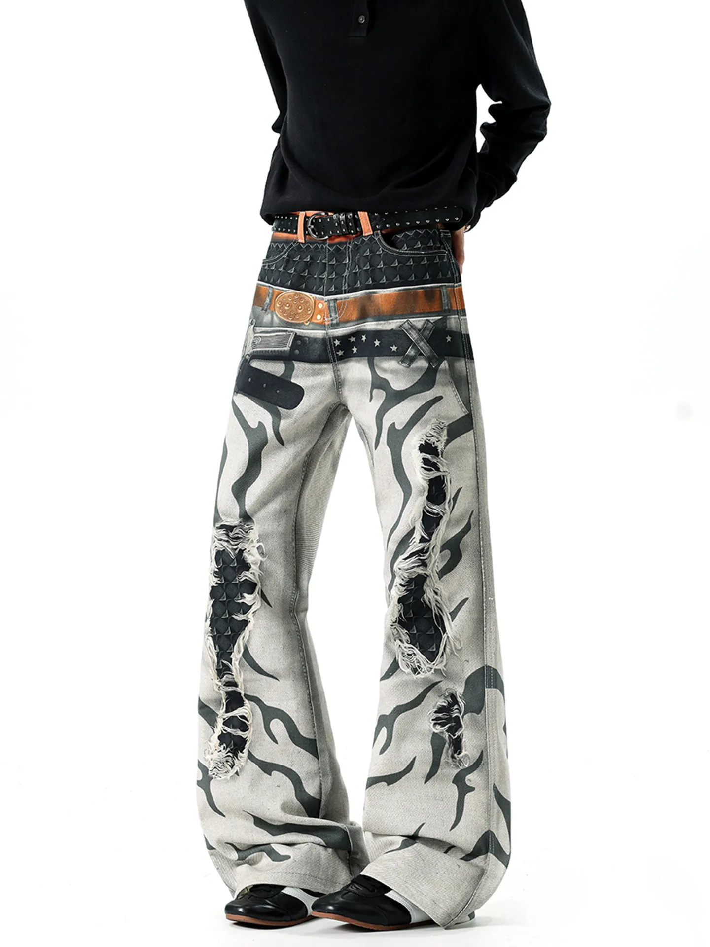 Women's New Y2k Printed Double Waistband Trousers High Street Hiphop Spring Autumn Loose Fit Casual Wide-Leg Pants