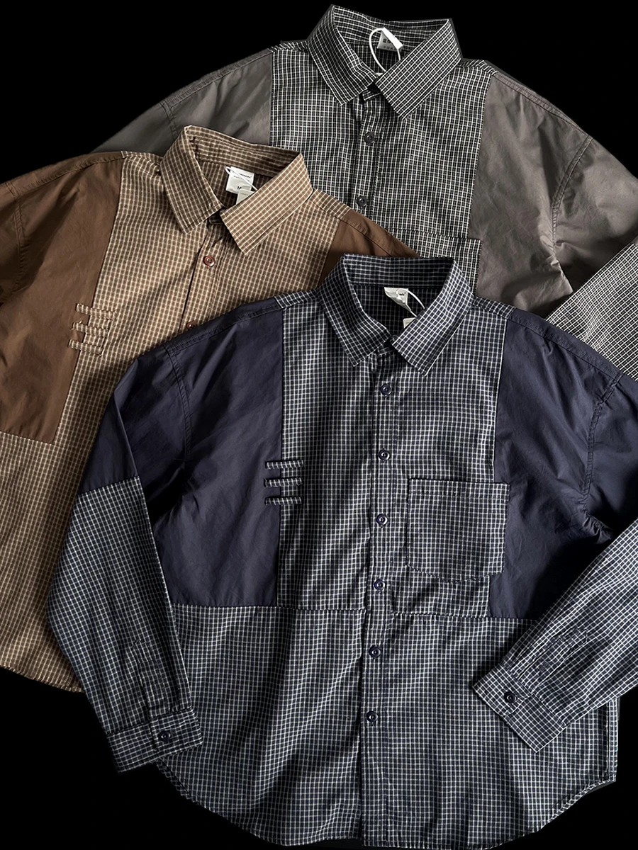 

Модная рубашка с длинным рукавом в стиле пэчворк с цветовыми блоками, свободного кроя, в рабочем стиле, с американским плотным клетчатым воротником, в стиле хип-хоп