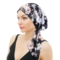Women Muslim Inner Hijab Floral Pattern Turban Hat Pre-Tied Wide Elastic Band Bandanas Cancer Chemo Cap Headwear Turbante Mujer