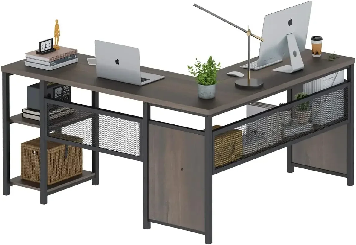 FATORRI-L Shaped Computer Desk, Desk Industrial Home Office com prateleiras, reversível de madeira e metal Canto Desk, Walnut Brown, 5