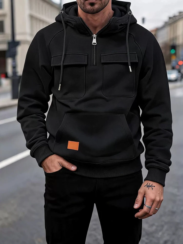 Fashionable Autumn Winter Hooded Pullover Solid Color Multi Cargo Pocket Long Sleeve Sweatshirt Daily Street Matching Tops Men