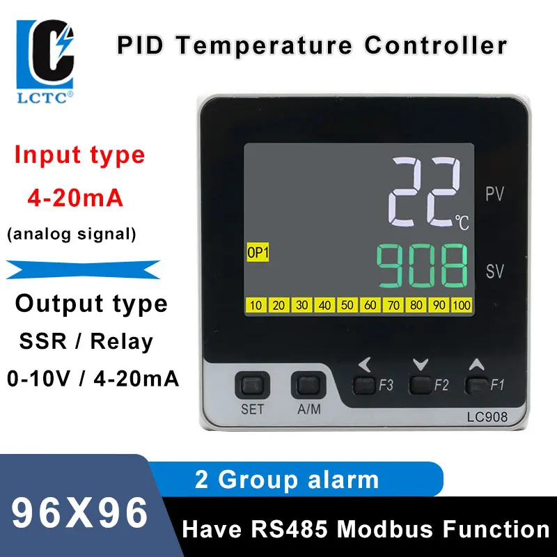 

LCTC PID Digital Temperature Controller SSR Relay 4-20MA 0-10V Output PID Regulator 4-20MA Analog Input 96x96mm LCD RS485 LC908