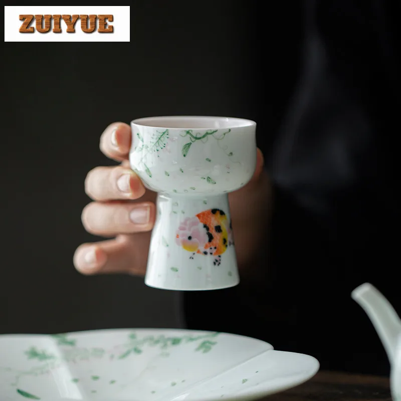

60ML Boutique Hand-drawn Little Fat Fish Teacup Handmade Jade Mud High Foot Master Cup Tasting Tea Bowl Smelling Fragrant Mug