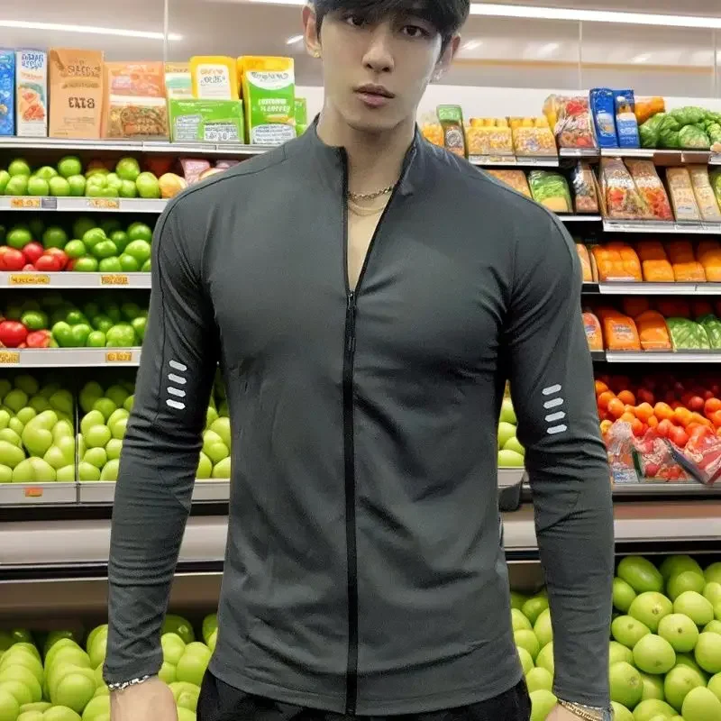 Men's Slim-Fit Elastic Long-Sleeve Jacket: American-Style Quick-Dry for Running, Cycling & Training