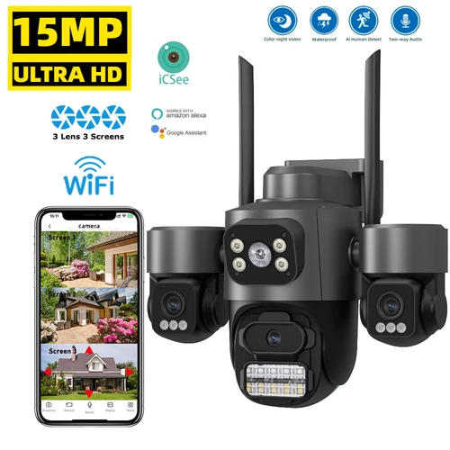 Imagen 1 del producto Cámara IP WIFI de tres pantallas HD de 15MP para exteriores, cámara de doble lente 4K, detección humana Ai, cámara de seguridad de vídeo CCTV impermeable iCsee