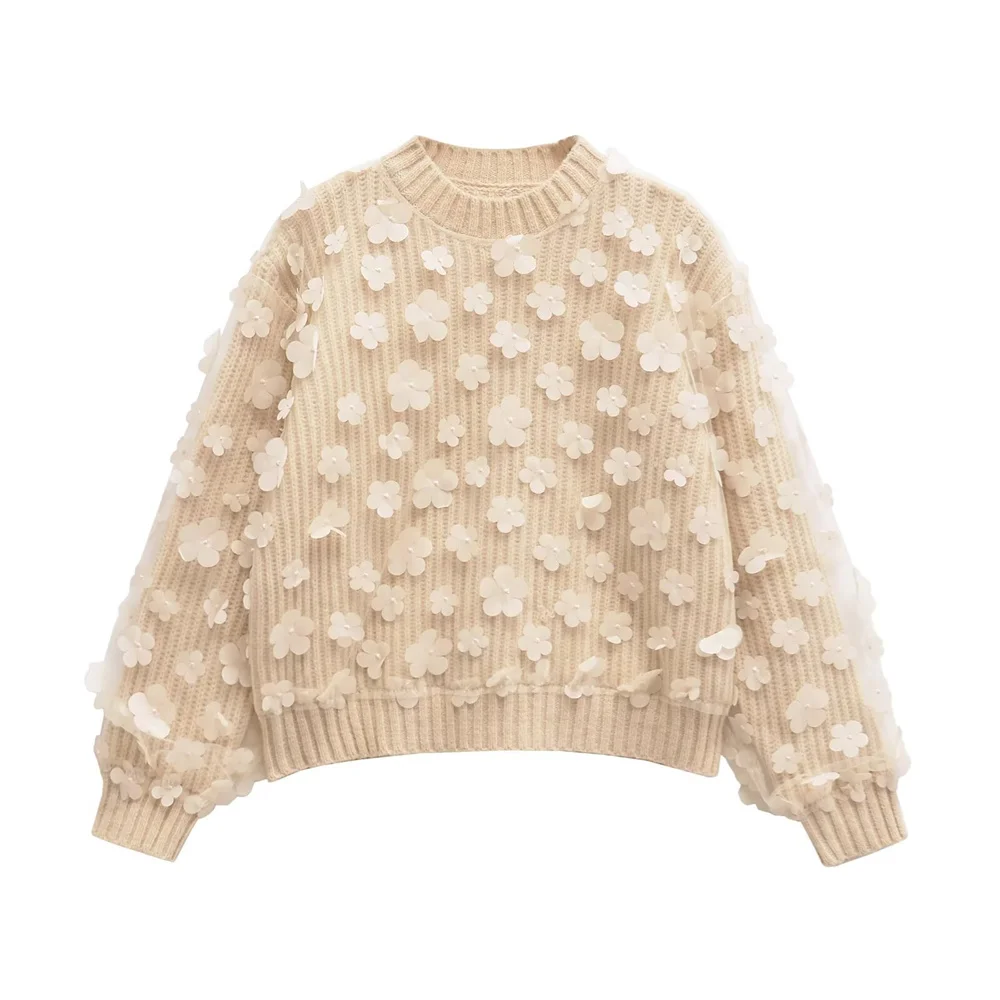 UNIZERA Autumn/Winter New Product Fashion Casual Women's Wear Mesh Flower Decoration Splicing Long Sleeve Knitted Sweater