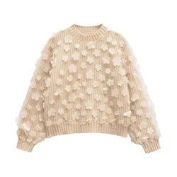 UNIZERA Autumn/Winter New Product Fashion Casual Women's Wear Mesh Flower Decoration Splicing Long Sleeve Knitted Sweater