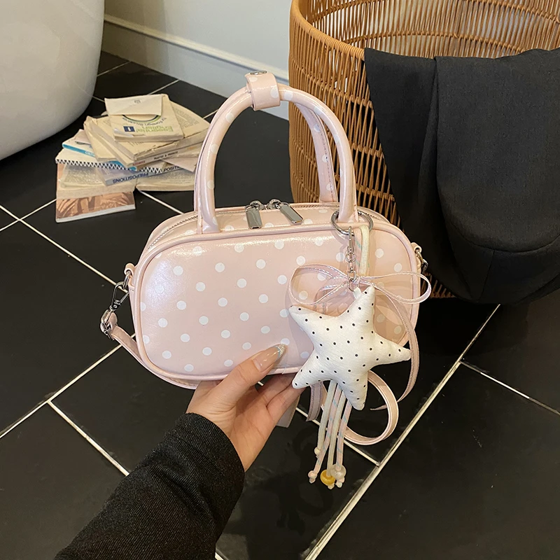 

2026 New Polka Dot Mini Bowling Bag Women Fashion Patent Leather Crossbody Purse with Star Pendant for Casual Streetwear Party