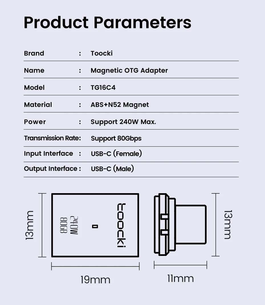 Toocki Magnetischer 240W Adapter OTG Typ C auf Typ C Weiblich zu Männlich USB4.0 80Gbps Schnellladung USB C zu Typ C Konverter – Detail 12
