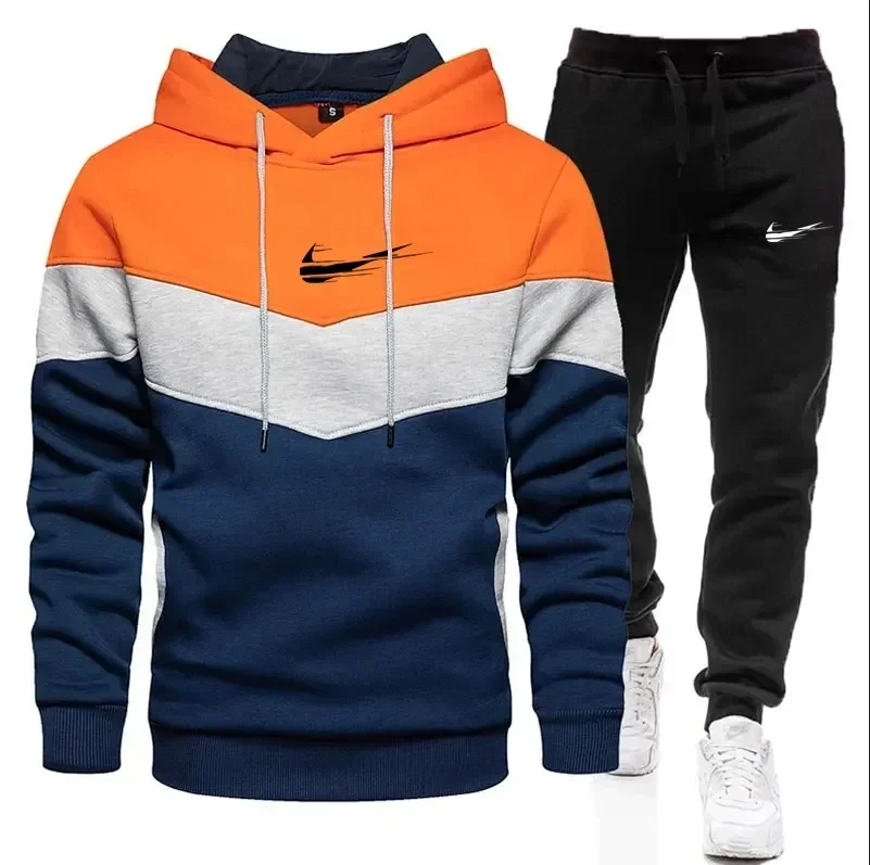 2024 new men\'s printed fashion splicing suit casual pullover sportswear two-piece set hooded sweatshirt + sweatpants suit