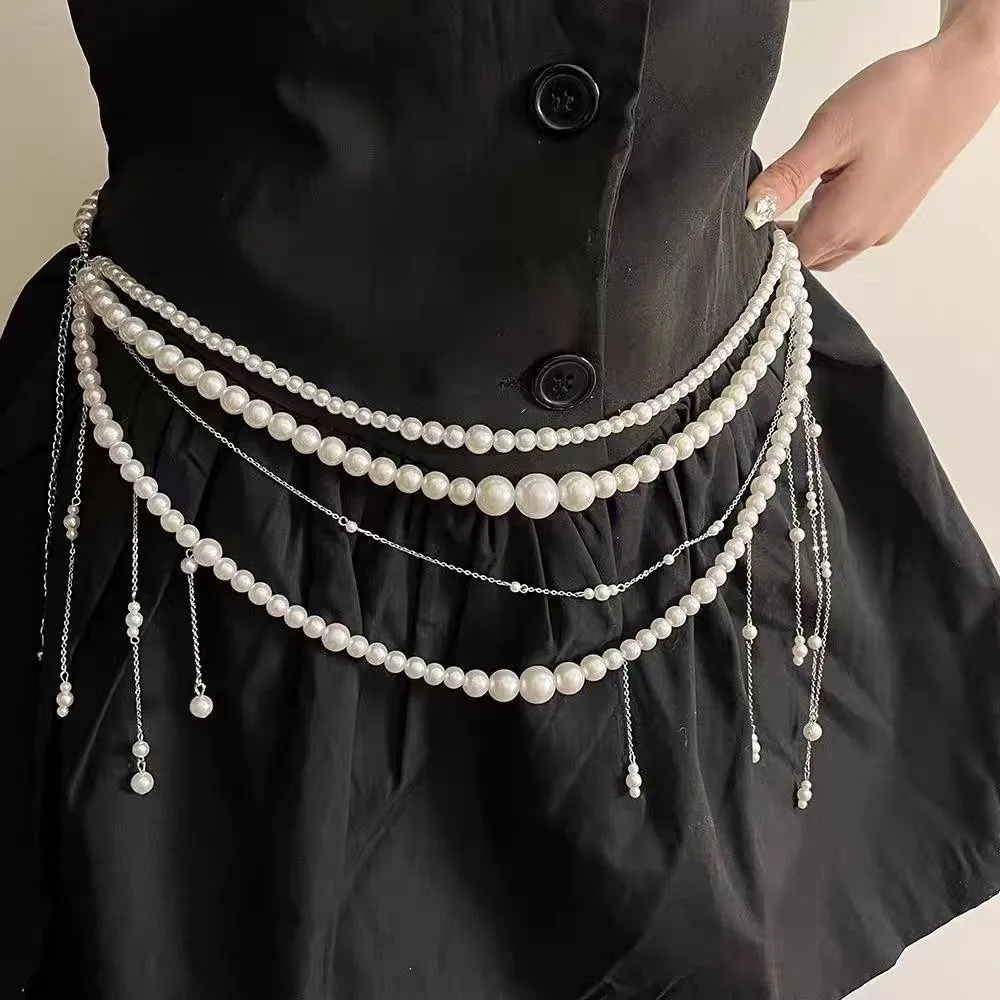 Glitter Pearl พู่เอว CHAIN Multilayer เสื้อผ้าอุปกรณ์เสริมเครื่องประดับอุปกรณ์เสริม Pearl จี้เข็มขัดชุดลําลอง