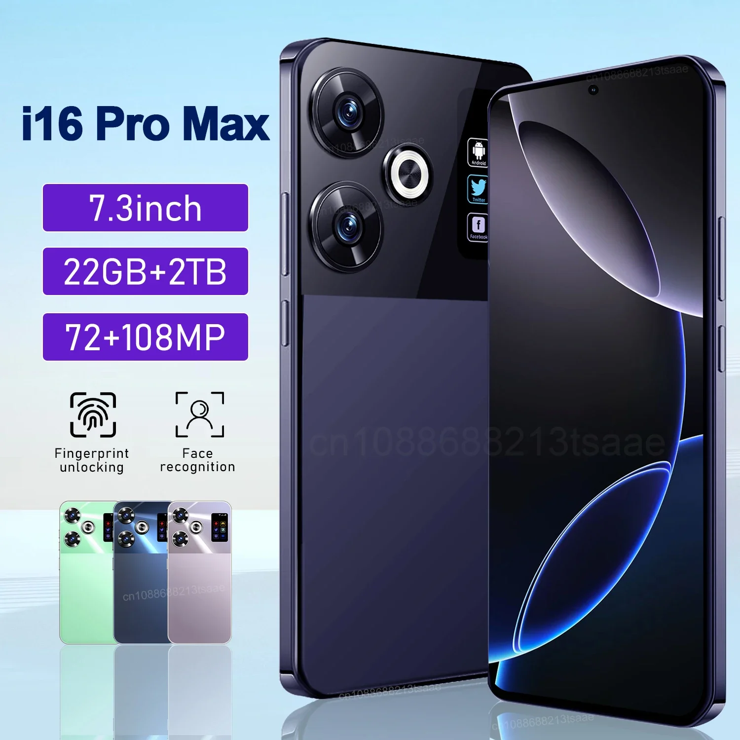 정품 i16 프로 맥스 스마트폰, 5G 7.3 인치, 스냅드래곤 8gen3, 22G + 2TB 휴대폰, 듀얼 SIM 휴대폰, 8000mAh, 안드로이드 14 NFC