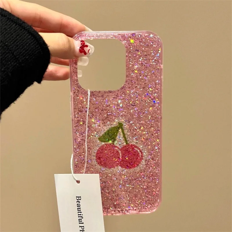 Capa de telefone com glitter IND fundo rosa cereja vermelha para iPhone 11 12 13 14 15 16 pro max