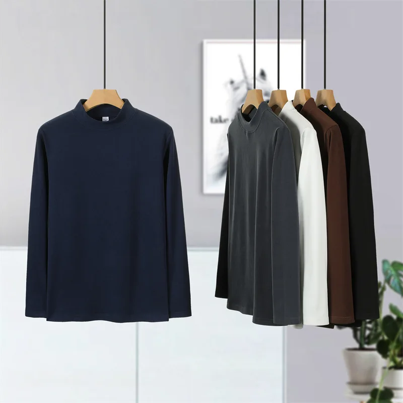 

Men's T-shirt Round Neck Long Sleeved Semi High Neck Autumn Winter Solid Color Black Blue Other Colors Choose From