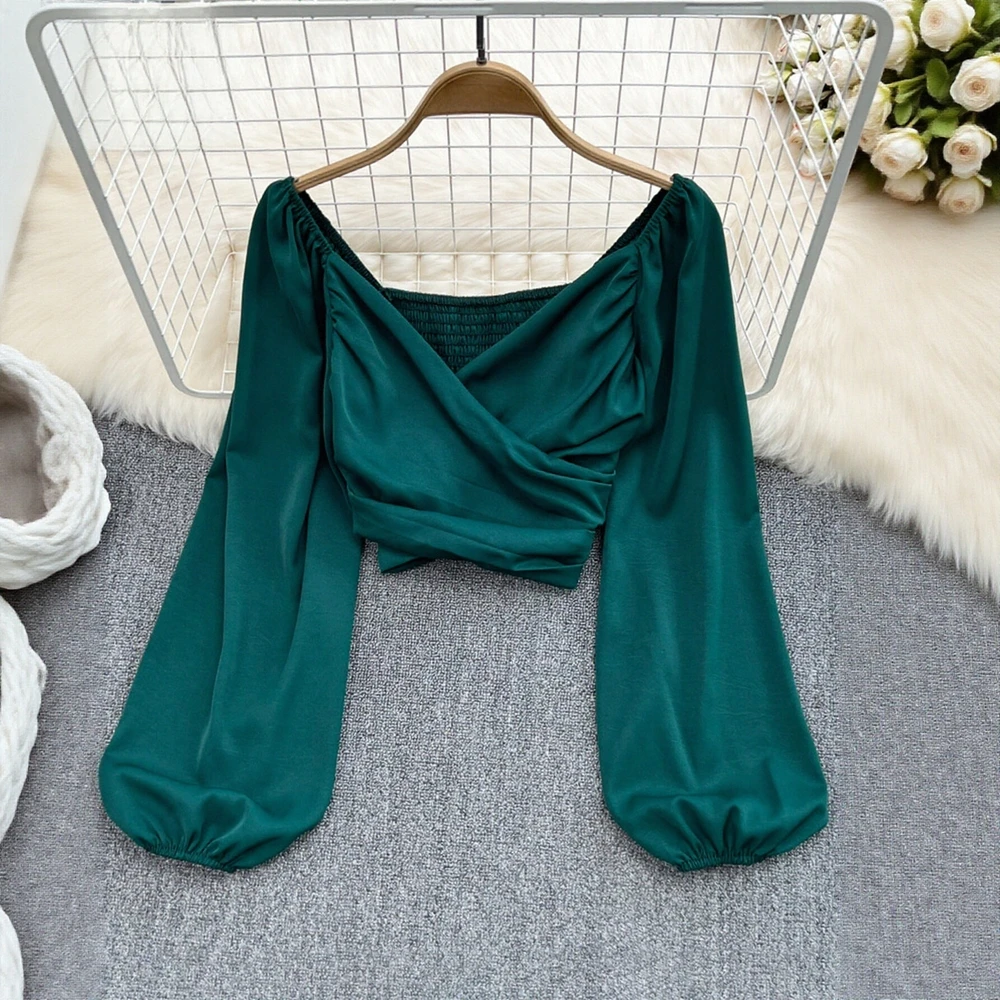 

Autumn T-Shirts 2025 Women's Elegant Smocking Plain Long Lantern Sleeve V-Neck Daily Basic Cropped T-Shirts