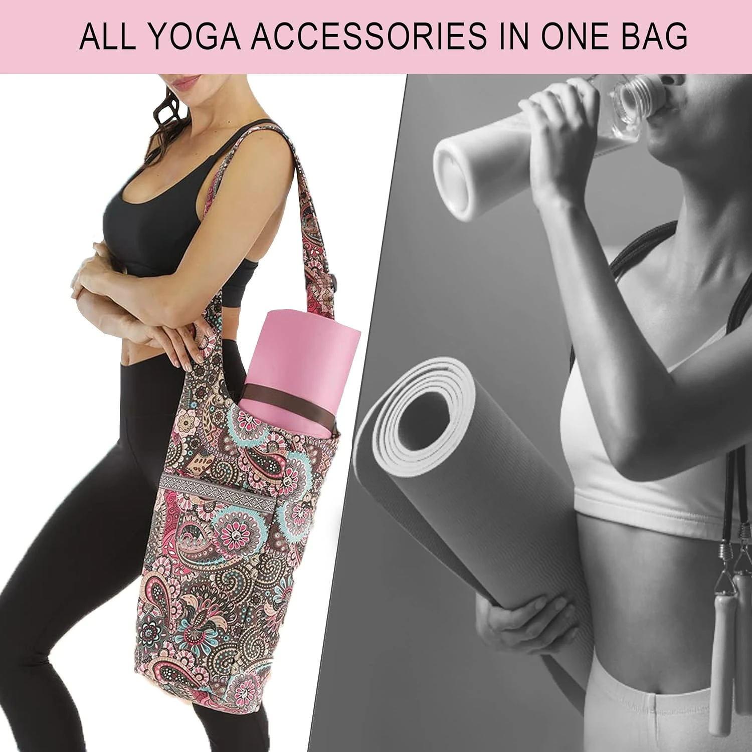 Bolsa perfecta para esterilla de yoga ajustable de gran tamaño con correa fija para el hombro: ¡Se adapta a todos sus elementos esenciales de yoga! Incluye Figura Bonus 8 Re