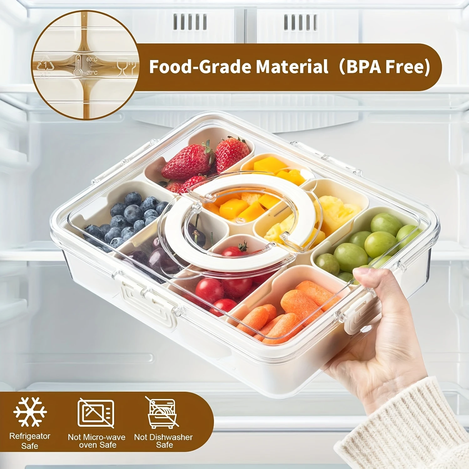 2 Pack Divided Serving Tray Fresh-keeping Box With Lid & Handle, 8 Compartments Snackle Box Charcuterie Container, Snack Box Con