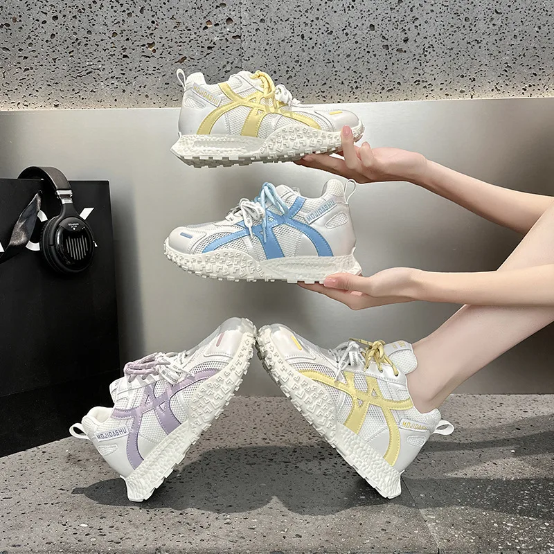 

Women's 8cm Height Increase Platform Retro Sneakers Mesh Double Laces Lightweight Breathable Casual Sport Shoes Spring 2026