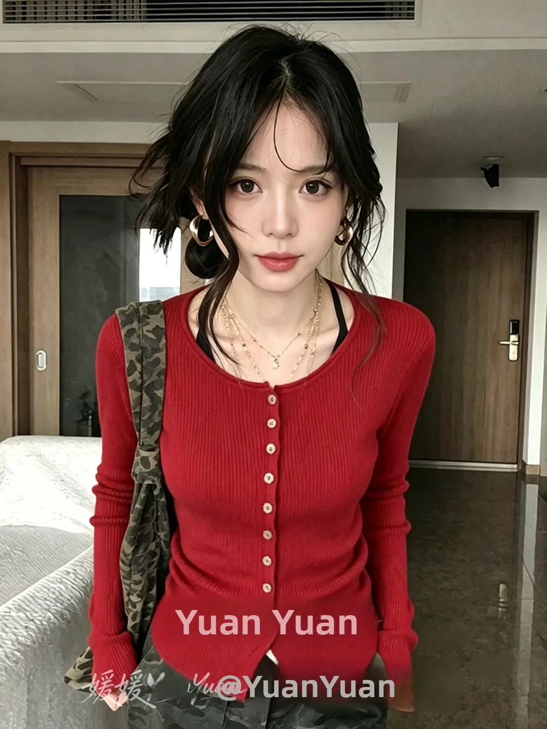 Korean Style Red Knitted Cardigan Women's Early Autumn New Button Slimming Base Layer Top New Year Trendy Fashion Women's Kni...