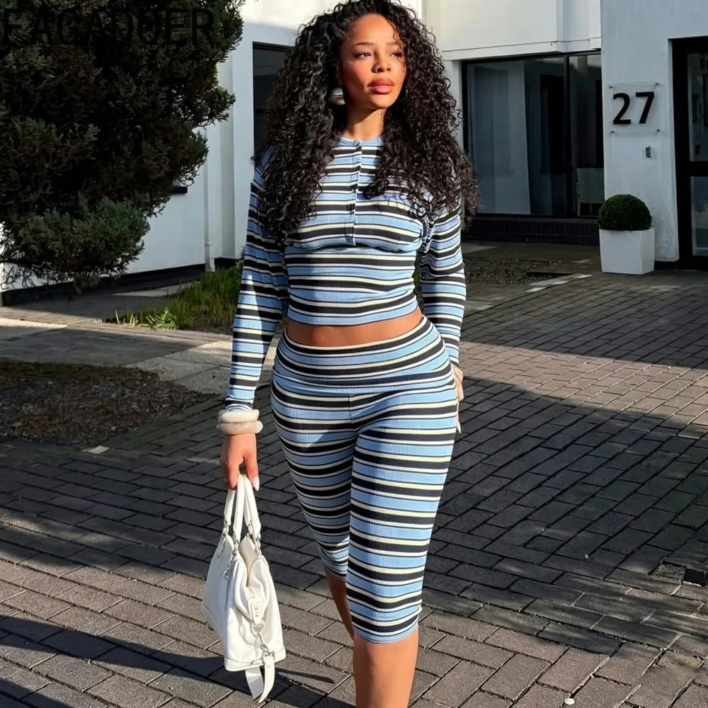 FAGADOER Women Striped Print Two Piece Set Long Sleeve Crop Top High Waist Slim Capri Pants Casual Streetwear Matching Outfit - view 3