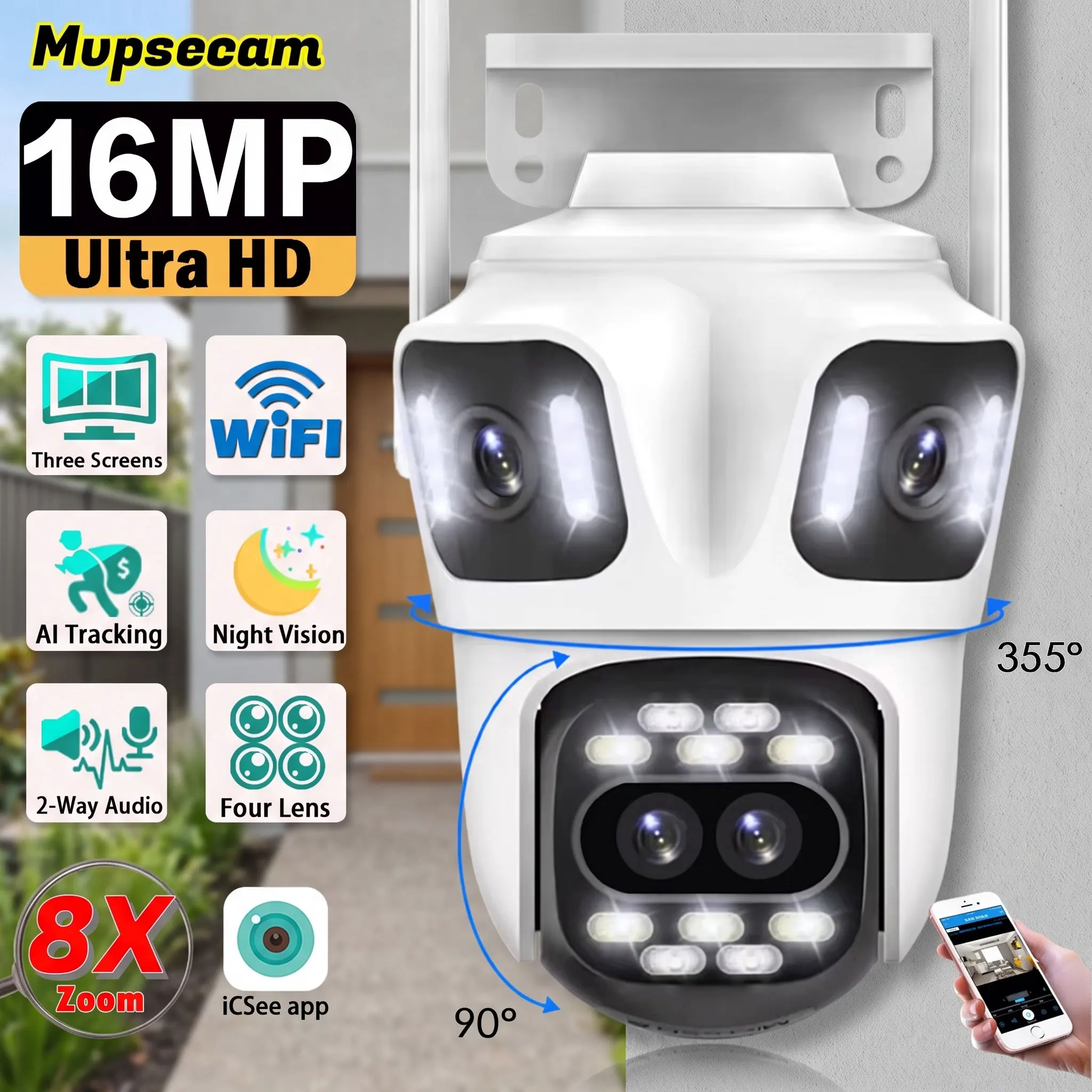 8K 16MP Video Surveillance Camera WiFi CCTV 8X Zoom Outdoor Wireless 360 Security IP Camera PTZ Four Lens Wi-Fi Cameras ICSee
