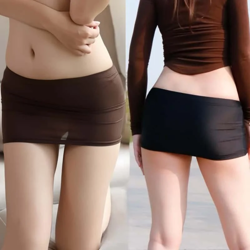 FREEAUCE Korean Sheer Silk Bodycon Mini Skirt Solid Color Sexy Slim Thin High Waist Pencil Short Skirts for Women Black White XL