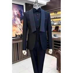 Fashion Solid Men Suits Black Shawl Lapel One Button 3 Piece Elegant Banquet Dinner Party Wedding Tuxedo (Blazer+Vest+Pants)