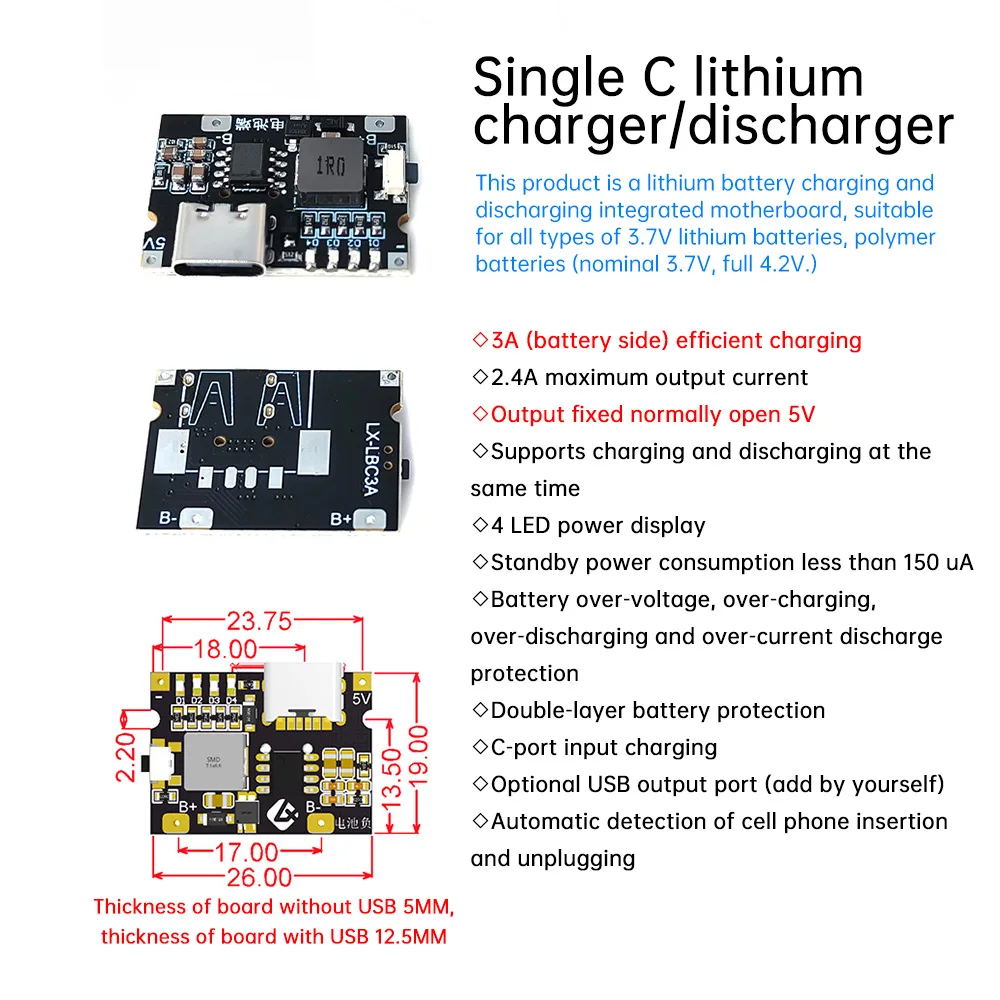 Convertitore boost USB tipo C 5V 3A Modulo di alimentazione step-up Scheda di protezione ricarica batteria al litio Display a LED USB per