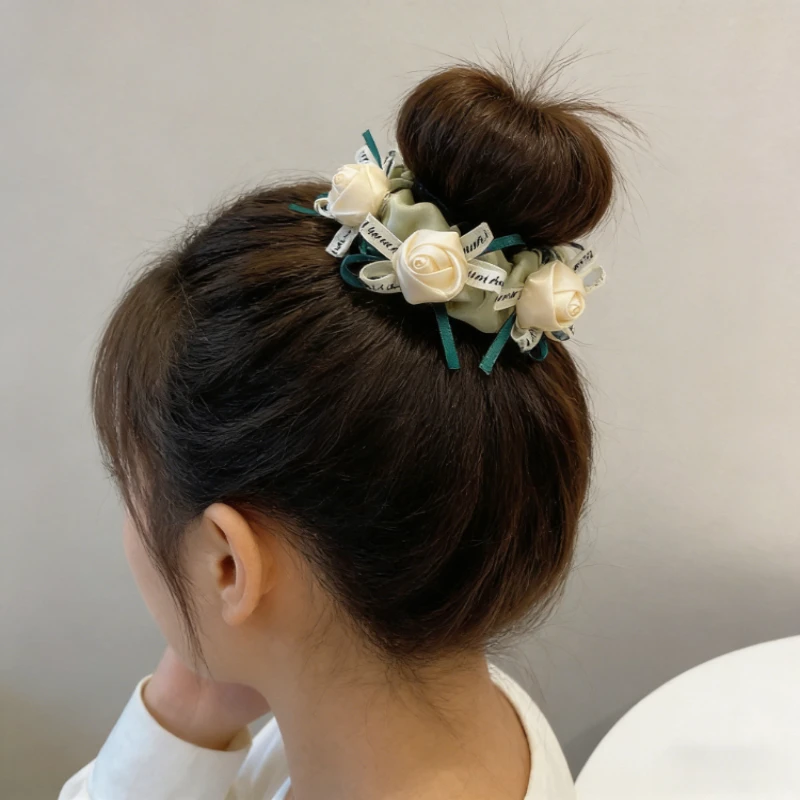 Koreanischer Stil Handgefertigte Stoff-Rosen Haargummis Elastische Haarbänder Schleife Haaraccessoires Niedlicher Pferdeschwanzhalter für Mädchen Deko