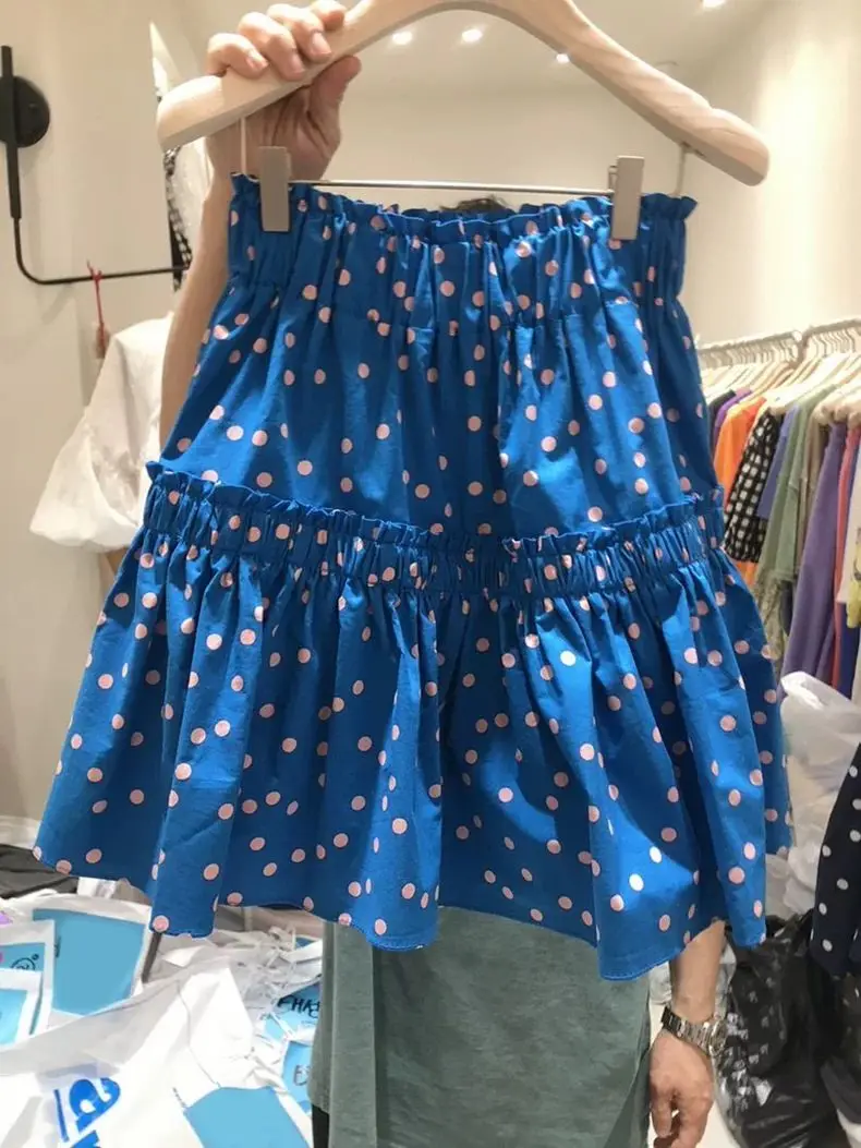 Holiday Sweet Lady Young Girls Blue Polka Dot Ruffled Tiered Mini Skirt Women's Casual Summer Elastic Waist Short Skirt