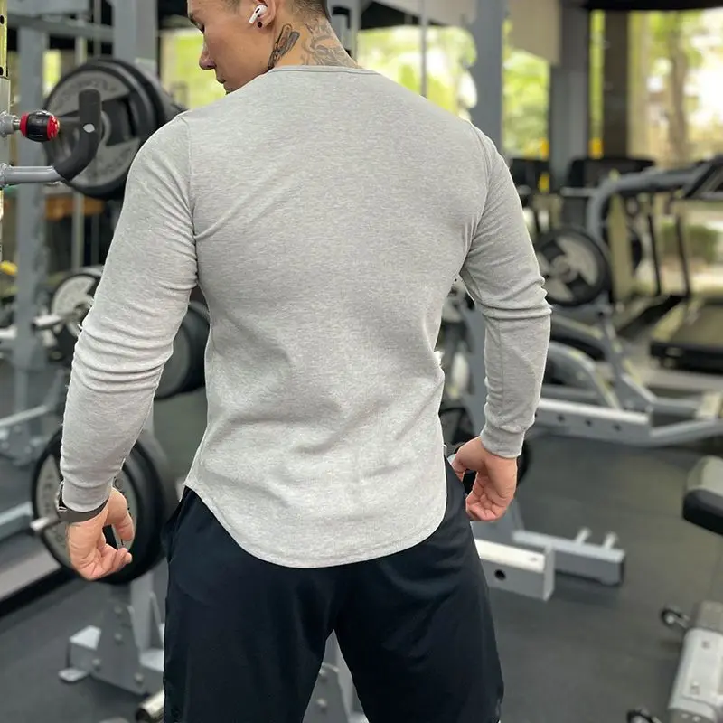 Men's Clothing Sports High-Elastic Fitness Long Sleeve Cotton Slim T-Shirt Henry Collar Base Shirt Comfortable Breathable