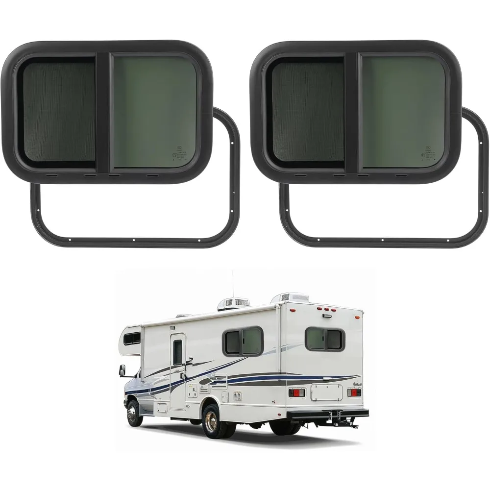 

Universal Tinted Teardrop Side Windows for Trucks, Campers, and Trailers - 2 Pack, Horizontal, 21x14 with Mesh Screen and Trim R