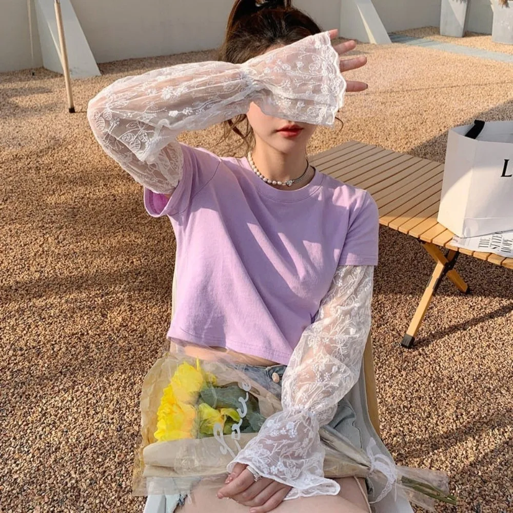 Breathable Elastic Ice Silk Sleeves Hollow Mesh Sun Protection Cover Flower Loose Sunscreen Arm Sleeve Girl