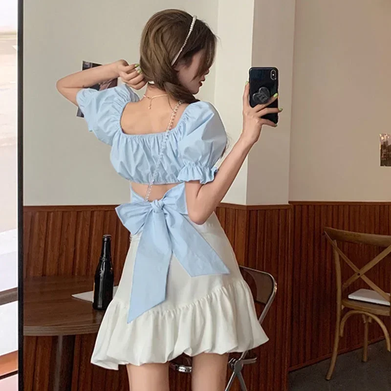 

Fashion Blue Puff Sleeve Blouse 2025 Summer New Back Cropped Tops Women French Square Neck Bow Bandage Shirts Female