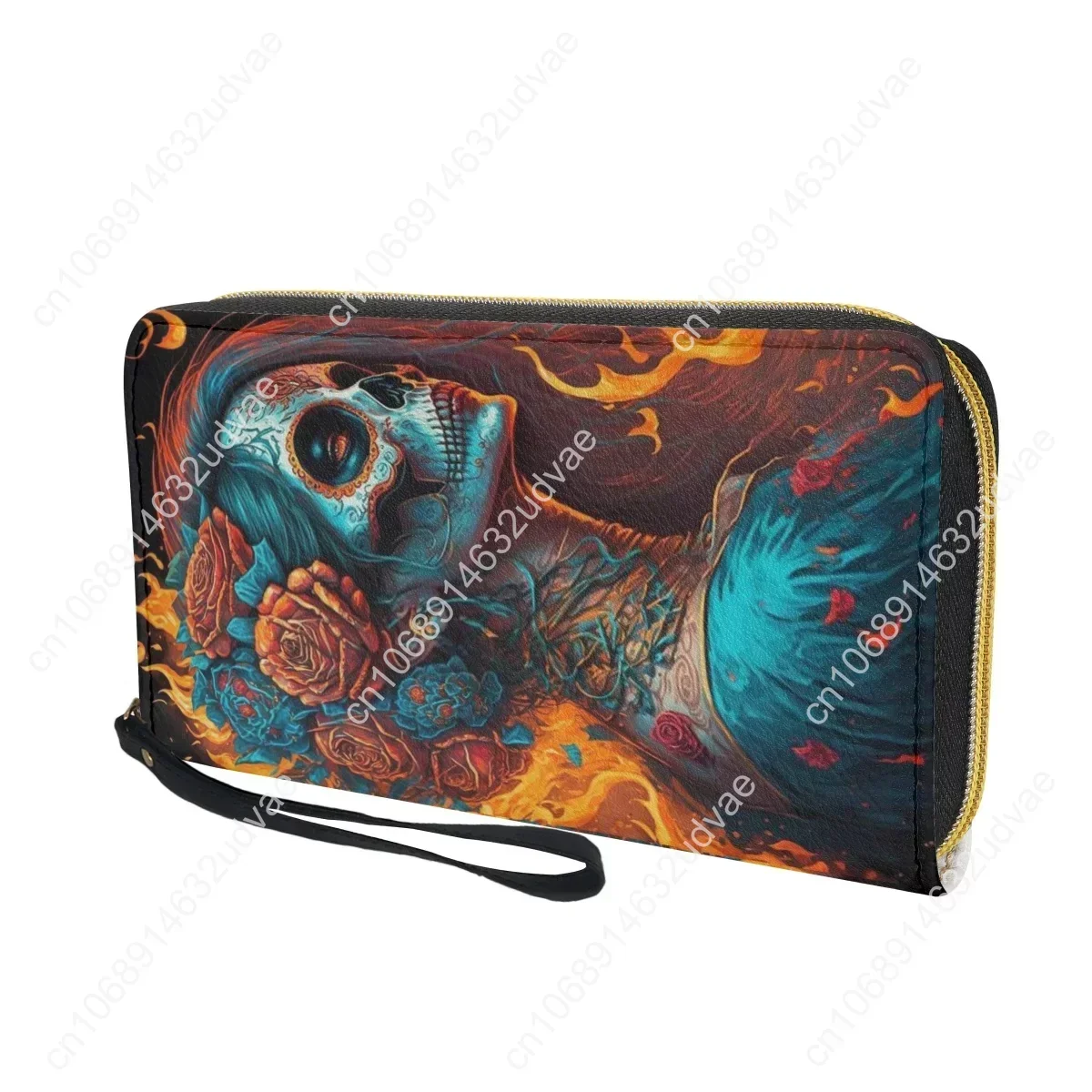 Goth Girl Sugar Skull Design Zipper Wallet Women Long Shoulder Strap Casual Coin Purse Card Holder PU Leather Wallet Clutch New