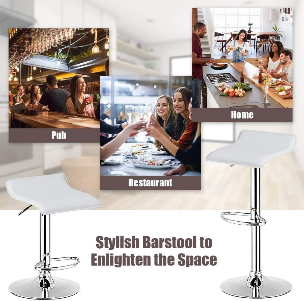 Modern Swivel Bar Stools Set of 2, Adjustable Height with Footrests, Chrome Steel Base for Kitchen Island Cafe Pub in White