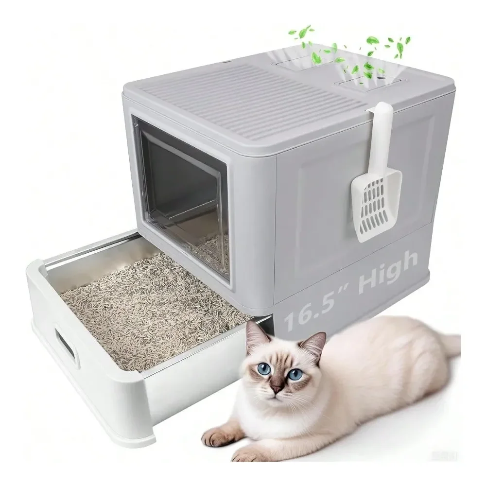 

Cat Litter Box Litter Box Cat AccessoriesStainless Steel Cat Litter BoxesLarge Foldable Litter Box With Lid Hooded Covered Stain