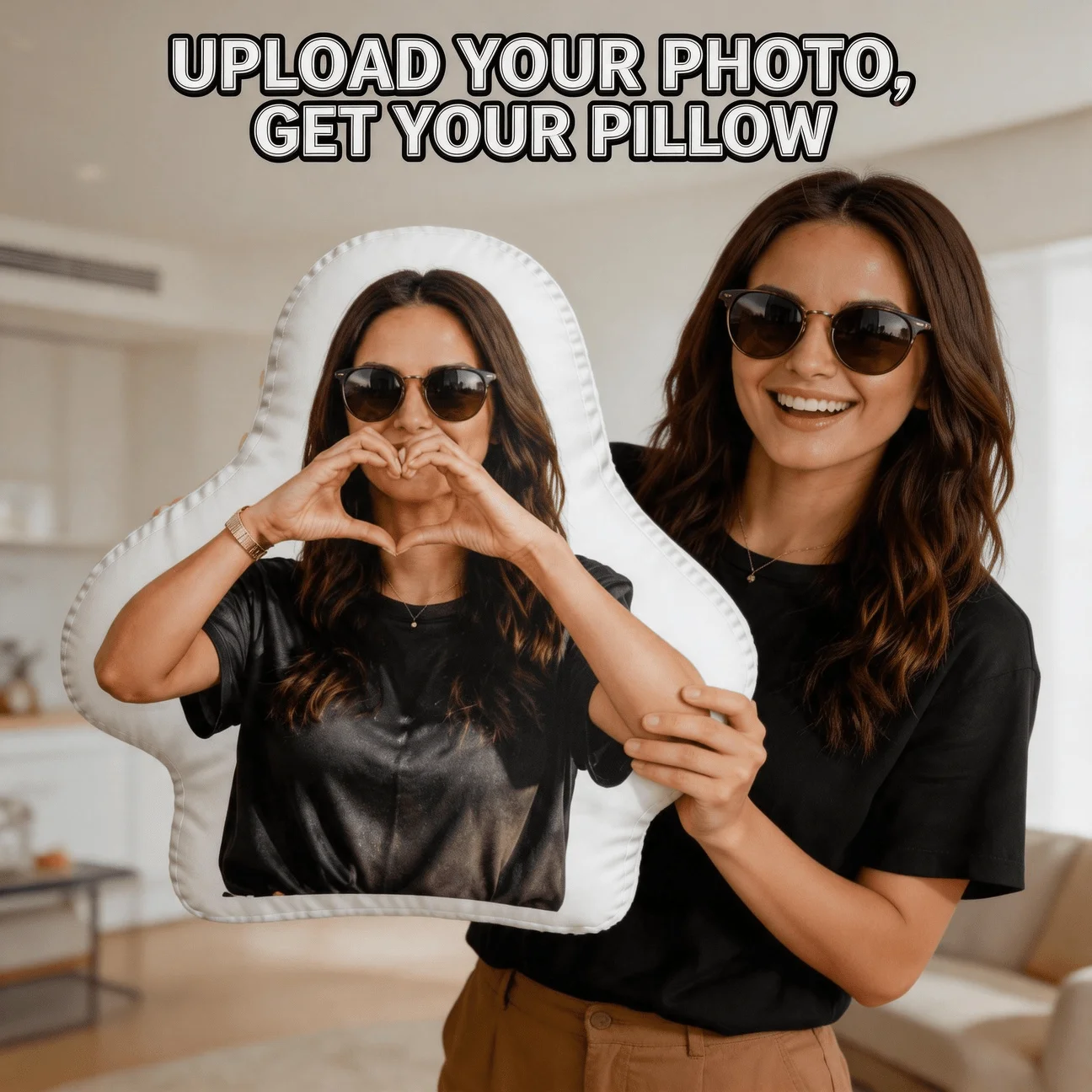 Custom Personalized Photo Face Pillow, Woman Making Heart Hand Gesture Custom Shaped Decorative Cushion, Unique Home Decor Accen