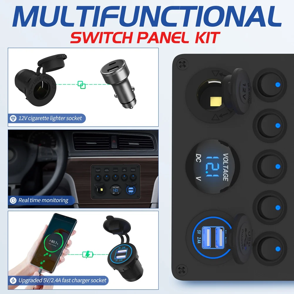 Blue LED 12V Outlet With 5 Gang Boat Switch Panel Waterproof Dual USB Port For Auto And Boat-T48C