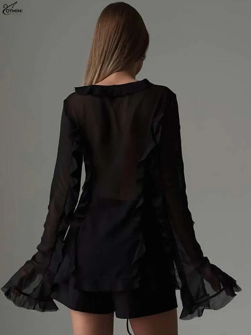 Oymimi Casual Black Loose Women's Shirt Summer V-Neck Ruffled Long Sleeve Blouses Fashion Lace-Up Solid Shirts Female Clothing