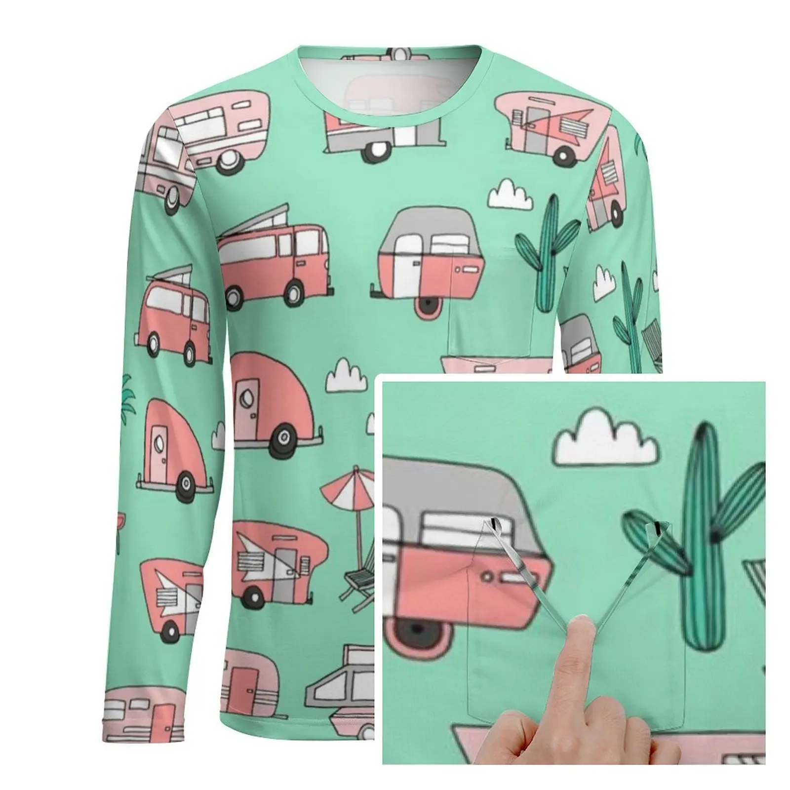 Camper Vacation T Shirt RV Hipster Road Trip Fashion T Shirts Pocket Long Sleeve Design Tshirt Spring Classic Plus Size Tees