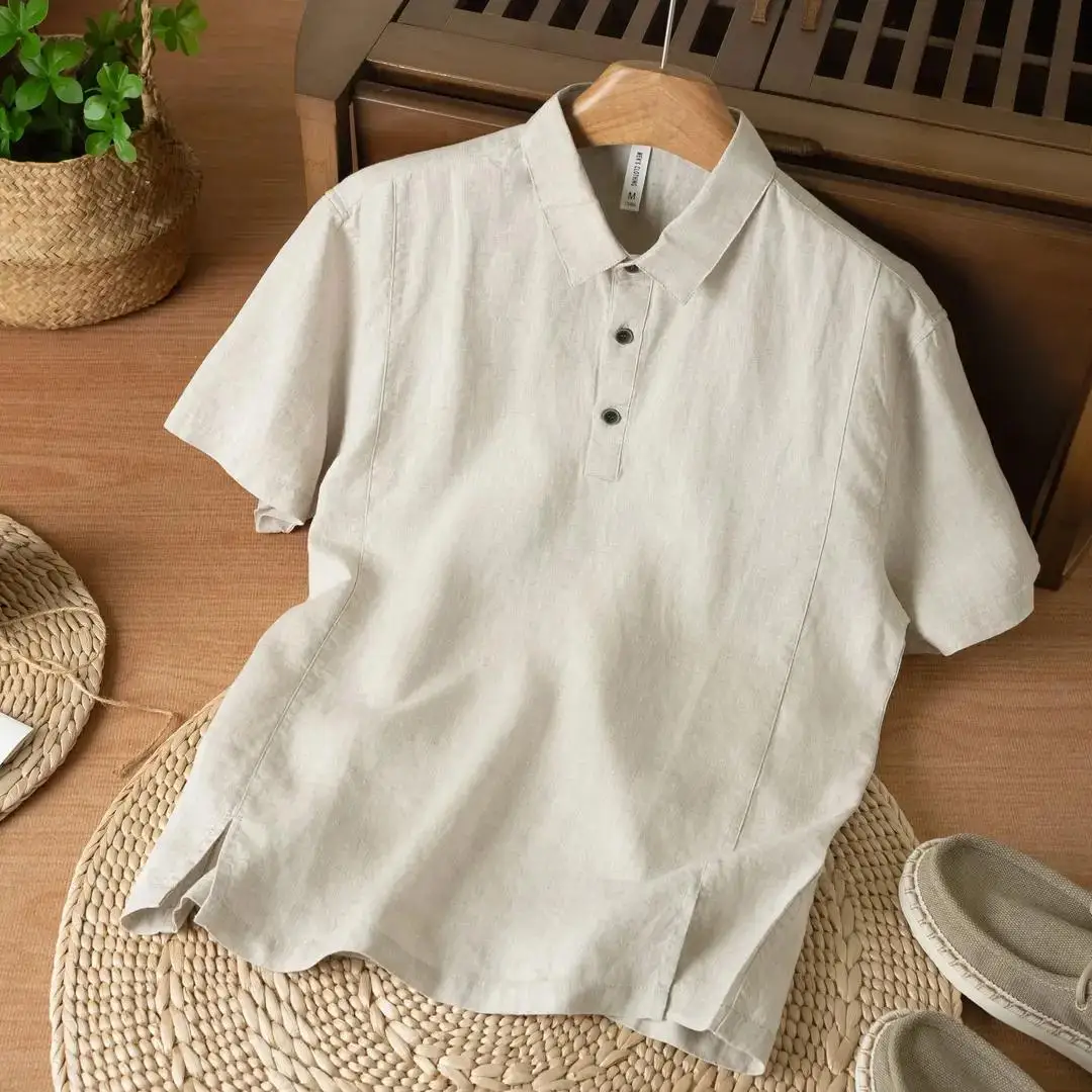 

Summer Solid Color Linen Short-sleeved Shirt Men's Light and Breathable Simple Thin Retro Casual Top