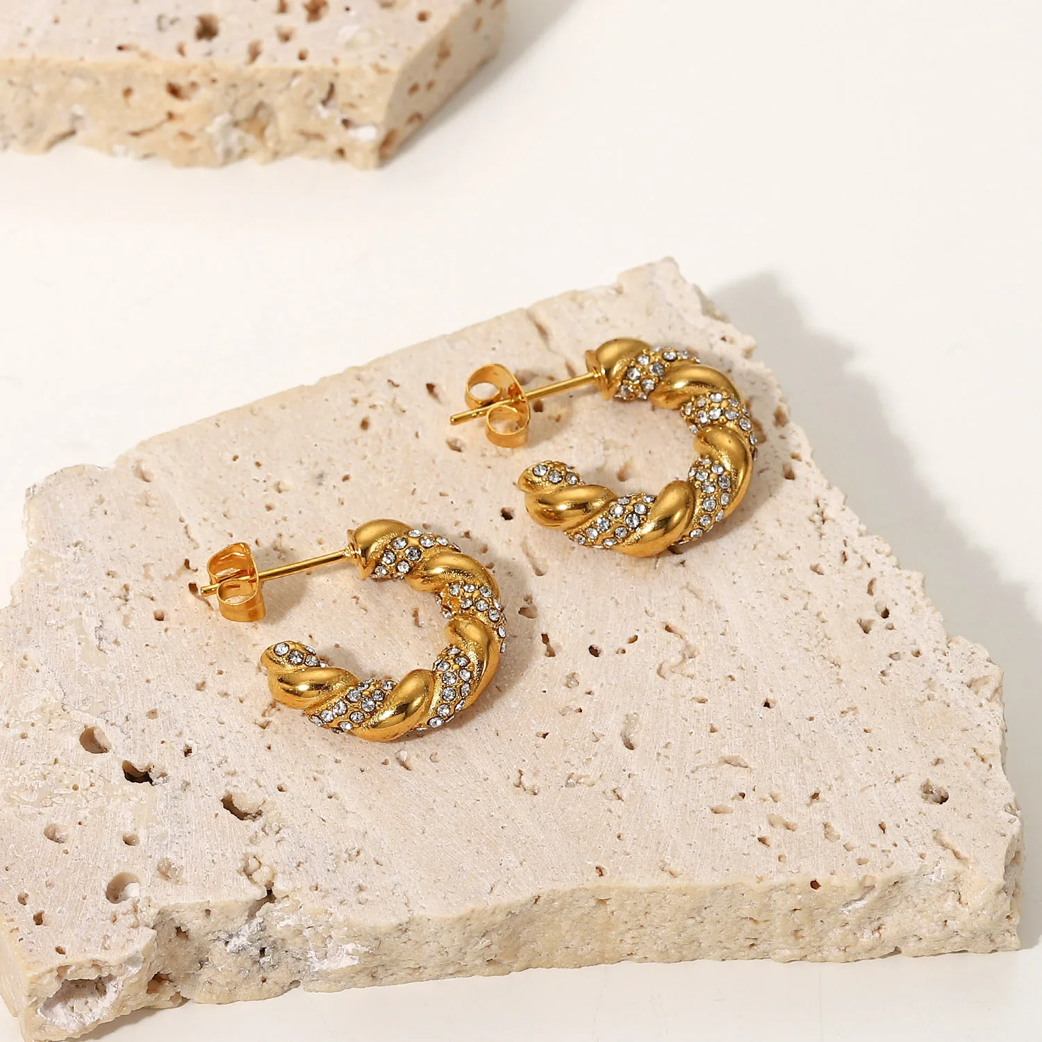18K Real Gold Plated Twisted Hoop Earrings, S925 Post Anti-Allergy, Pave Zircon Dainty Stud Minimalist Jewelry.