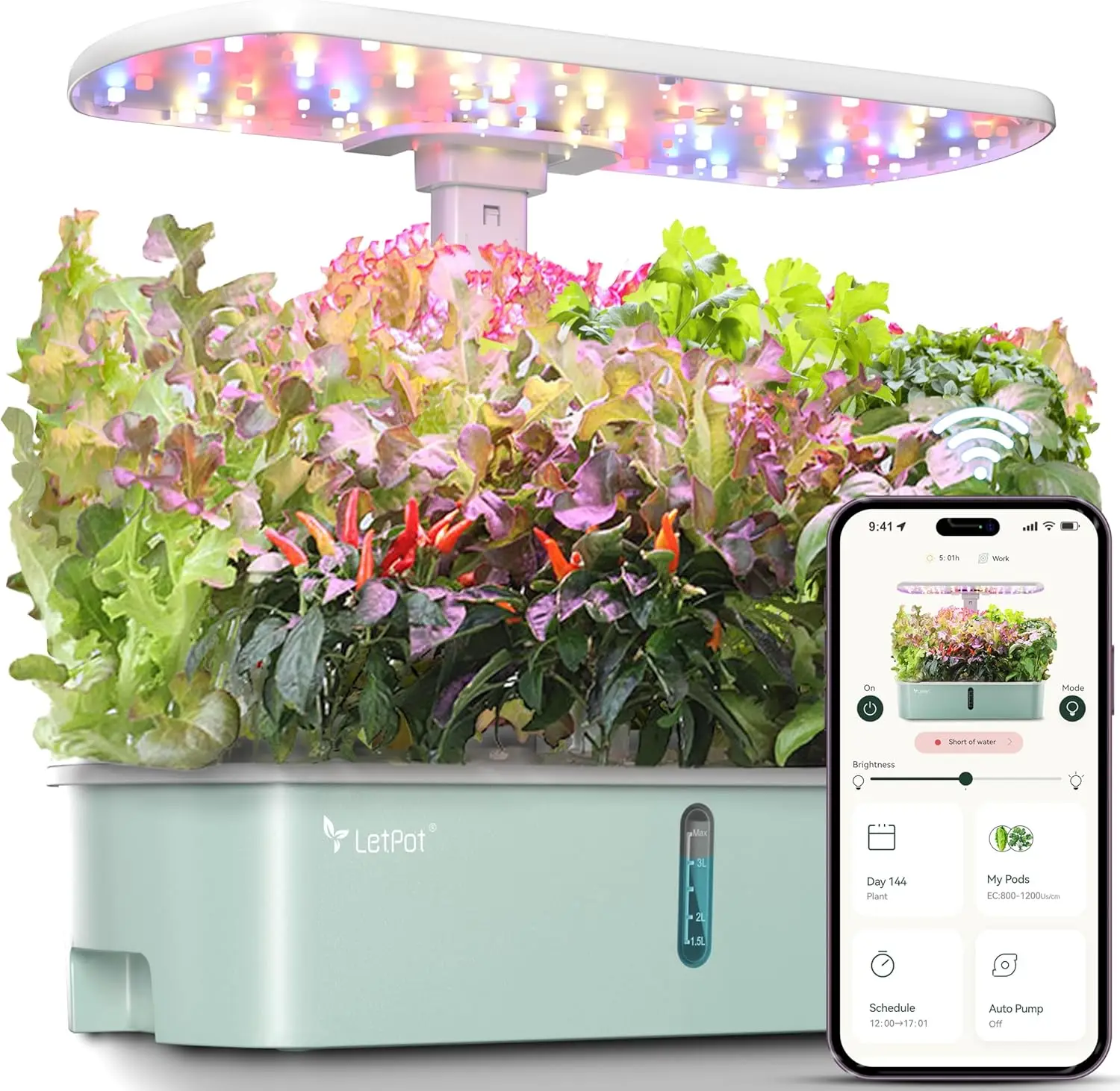 

Smart Hydroponic Indoor Garden Kit with WiFi App Control, Adjustable Full Spectrum Light, 10 Pods for Herbs and Vegetables
